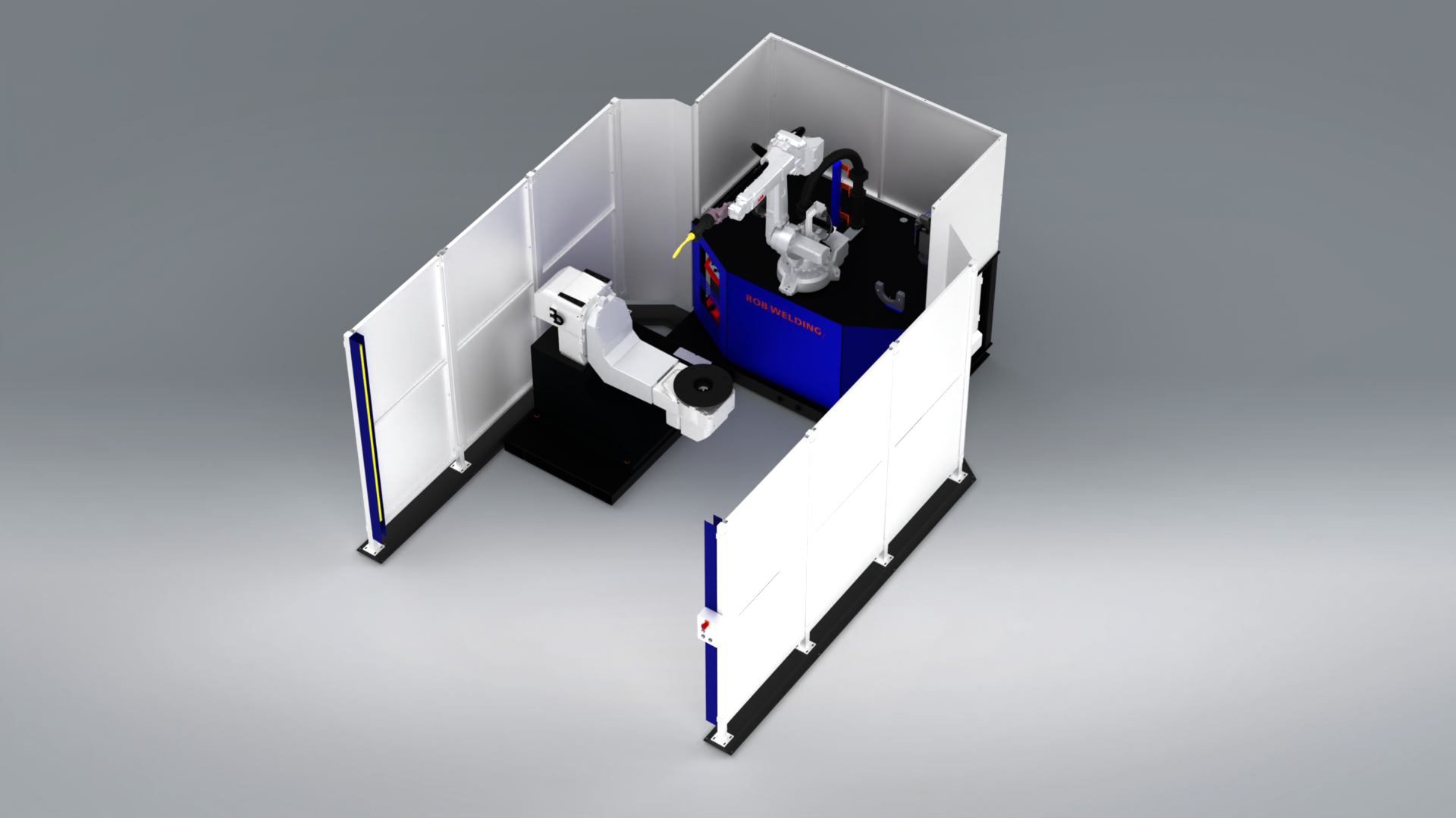3D weergave van de RobWelding lasrobot RRC A750 manipulator met één manipulator en een compact afgeschermd werkstation.
