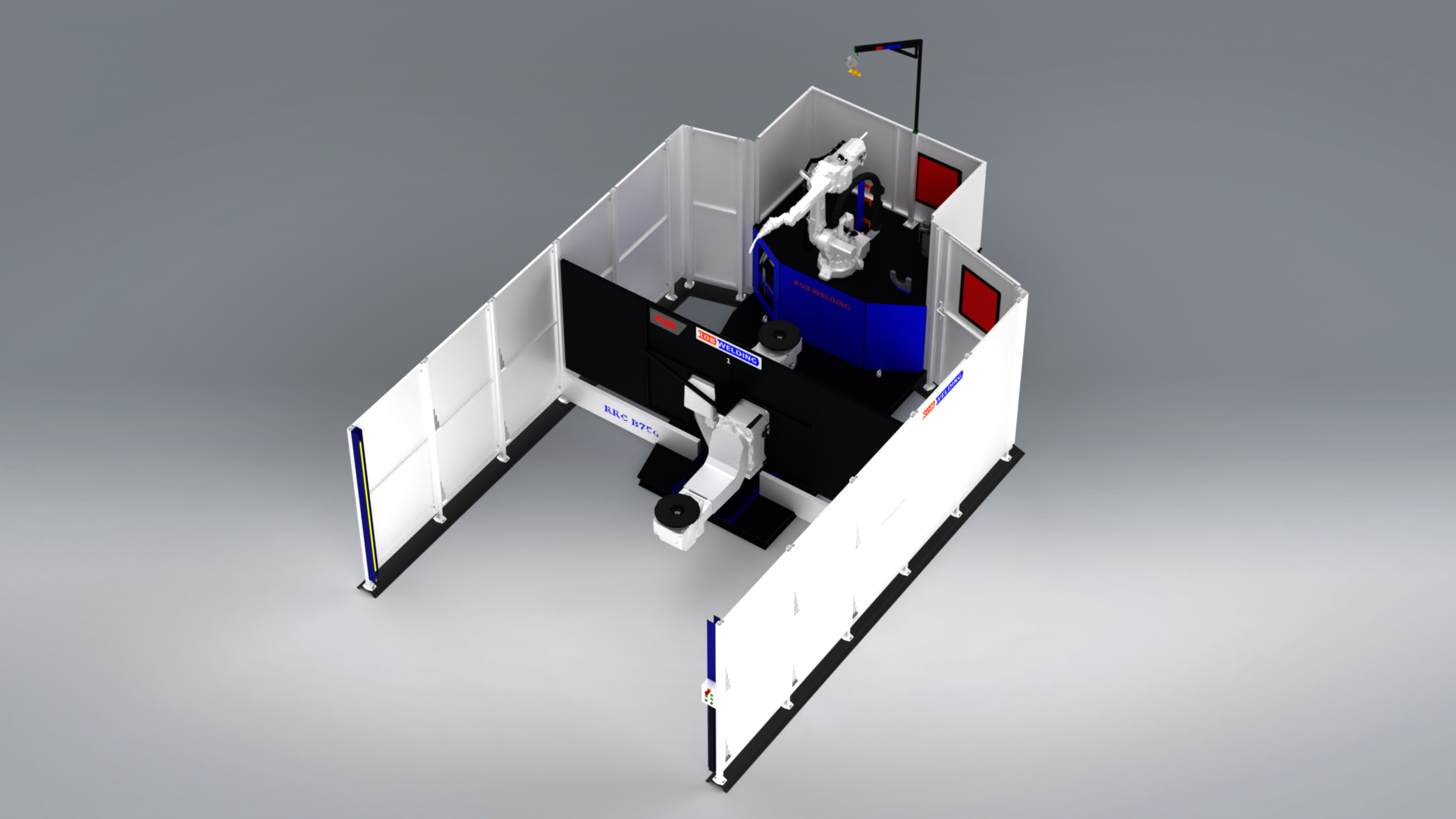 3D weergave van de RobWelding lasrobot RRC B manipulator met twee werkstations en dubbele rotatie.