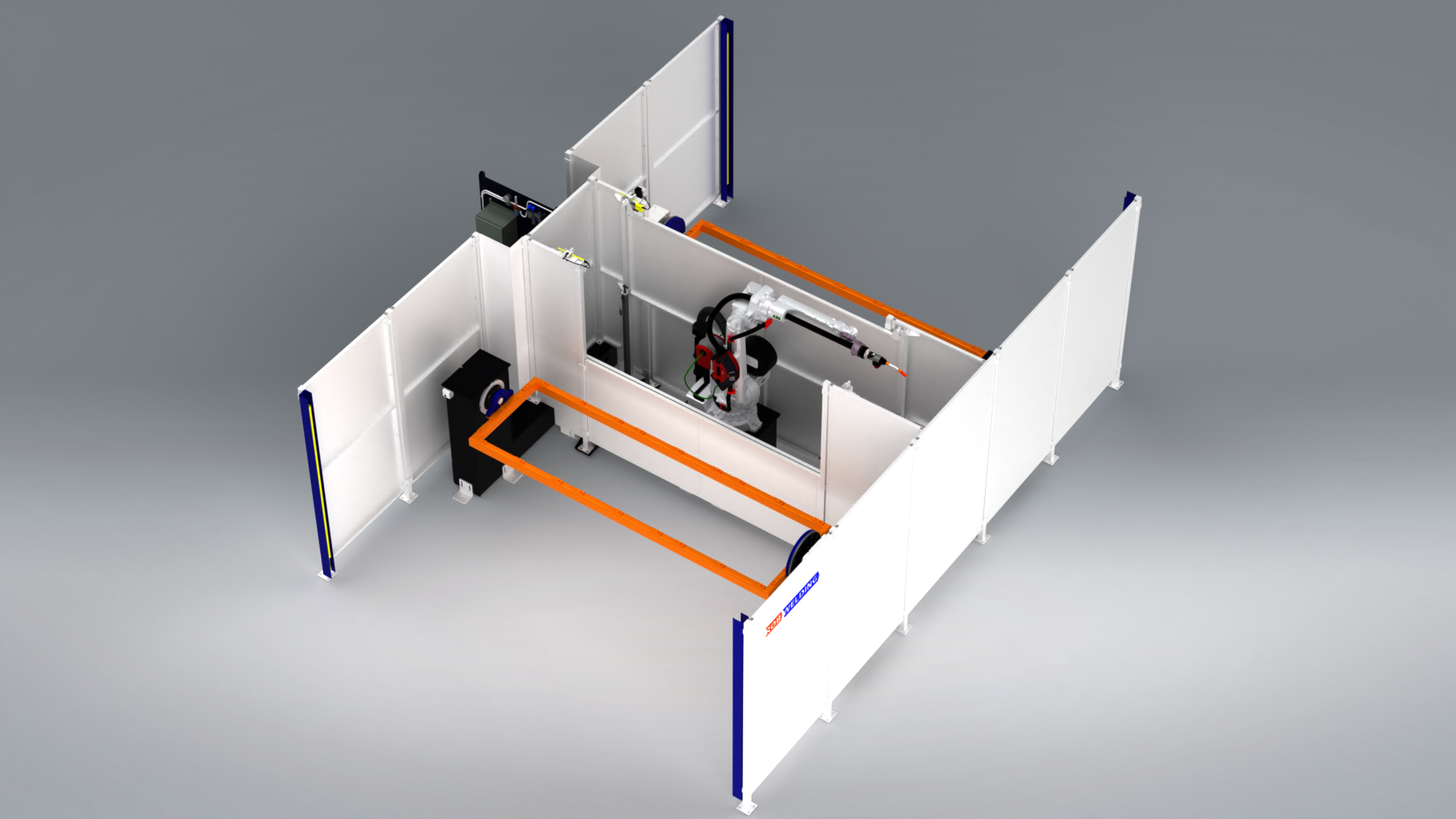 3D weergave van de RobWelding lasrobot RRC H Frame met twee werkstations voor het lassen van grotere producten.