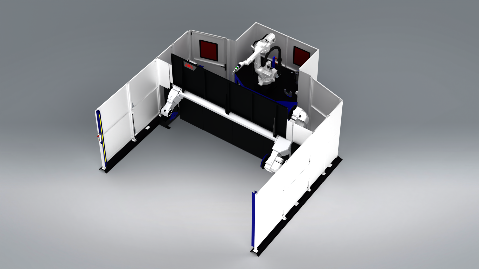 3D weergave van de RobWelding lasrobot RRC K manipulator met twee werkstations en een groot werkbereik.