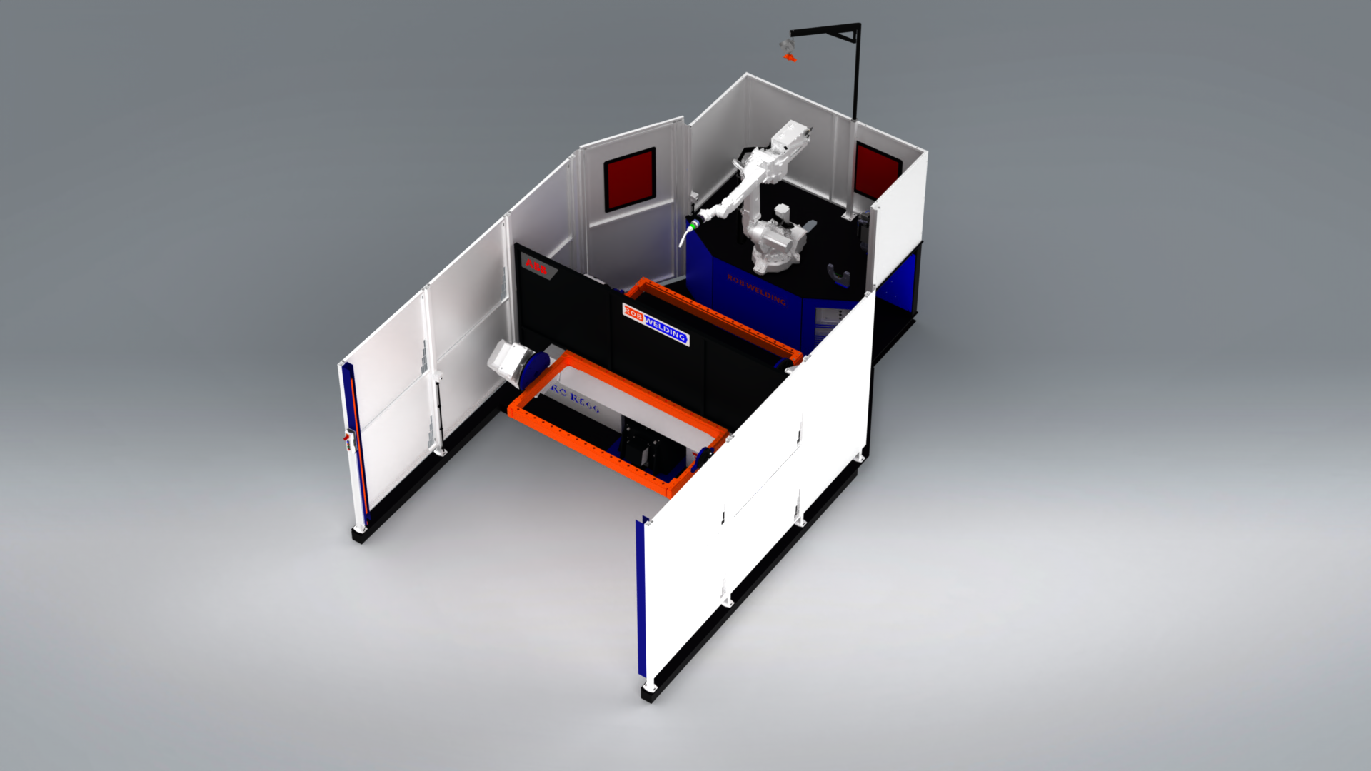 3D weergave van de RobWelding lasrobot RRC R manipulator met twee werkstations en 360 graden productrotatie.