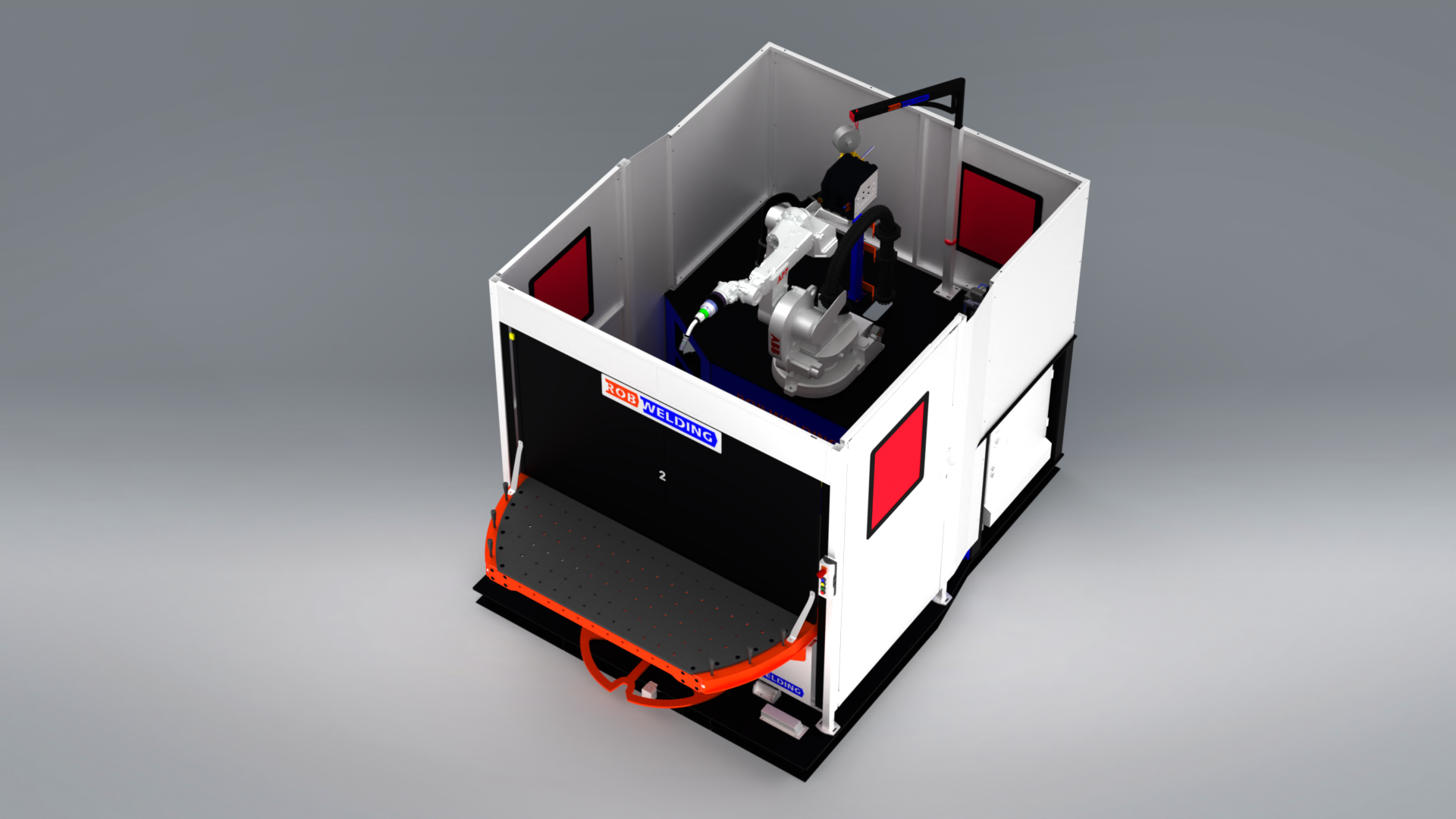 3D weergave van de RobWelding lasrobot RRHC 125 met twee vaste werktafels en handmatige stationswissel.